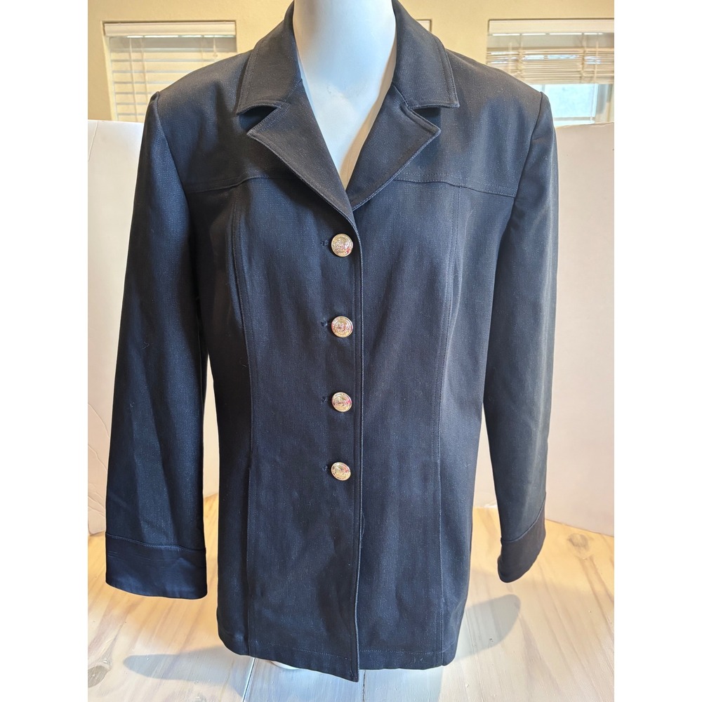St. John Sport Womens Black Denim Blazer Jacket Gold Crest Buttons Size M USA